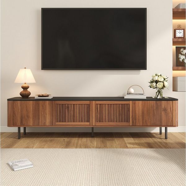 MODFU TV-Schrank 190x35x45 cm mit Gittertüren und Nussbaumfarbton (Packung, 1-St, Großer Stauraum, mit 4 Türen und 4 Fächern) Modernes, minimalistisches Design, Einzigartiges Design.