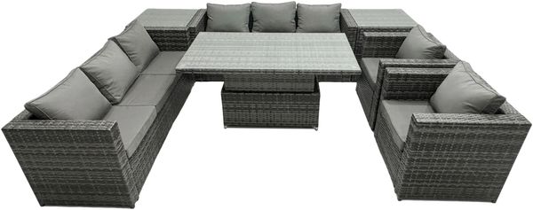 Fimous 8 Sitzer Outdoor Rattan Gartenmöbel Set Einstellbarer Aufsteigender Hubtisch Sessel Dunkelgrau Gemischt