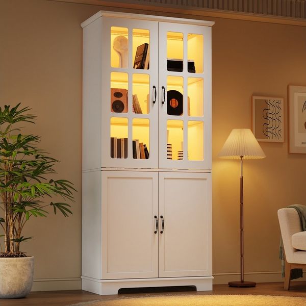 MODFU Vitrine Hochschrank 80 x 38 x 180 cm, Weiß, Landhaus-Stil mit LED-Beleuchtung (Packung, 1-St, 2 Glastüren & 2 Volltüren, 5 Etagen) Bücherregal & Vitrinenschrank für Wohnzimmer & Küche