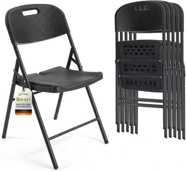 Sekey Klappstuhl 6er Set, Klappstühle aus Kunststoff und Metall, Campingstuhl Gartenstuhl Klappbar bis 150KG, Schwarz Rattanoptik