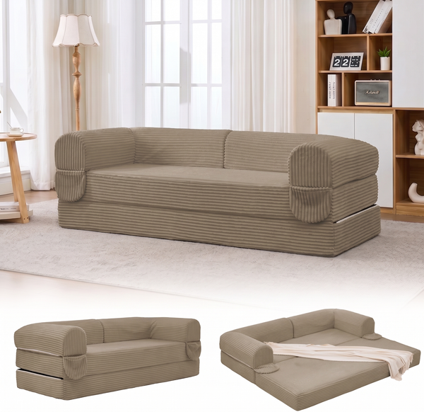 LVHOM Modulares Sofa 2 Sitzer, Schlafsofa mit Seitentaschen, Klappsofa mit Schlaffunktion, kein Aufbau erforderlich, Cord, Khaki