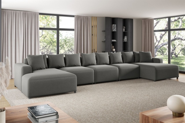 Wohnlandschaft Sofa U-Form Designersofa MEGAN XL in Stoff Salvador Grau