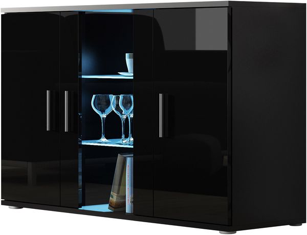 Kommode Soho S07 (Farbe: Schwarz / Schwarz Hochglanz, mit weißer LED Beleuchtung)