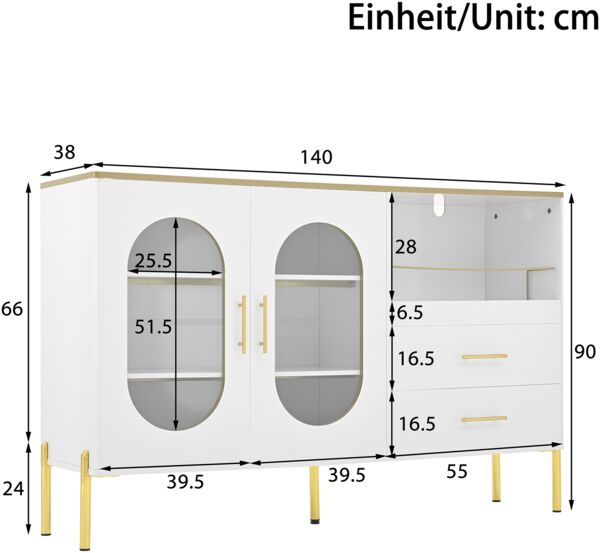Merax Sideboard-Schrank mit 2 Schubladen & 2 Glastüren – Moderne Kommode in Weiß mit Goldakzenten – Viel Stauraum, Weiß Bild 4