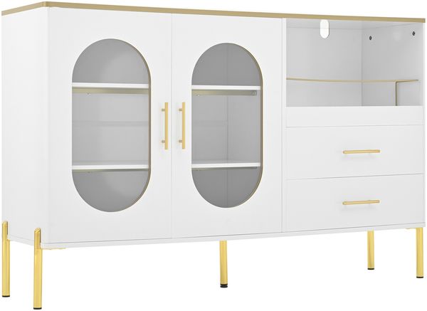 Merax Sideboard-Schrank mit 2 Schubladen & 2 Glastüren – Moderne Kommode in Weiß mit Goldakzenten – Viel Stauraum, Weiß Bild 8