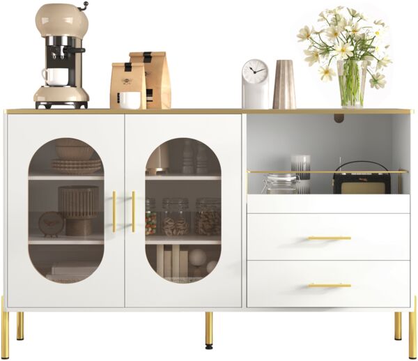 Merax Sideboard-Schrank mit 2 Schubladen & 2 Glastüren – Moderne Kommode in Weiß mit Goldakzenten – Viel Stauraum, Weiß Bild 10