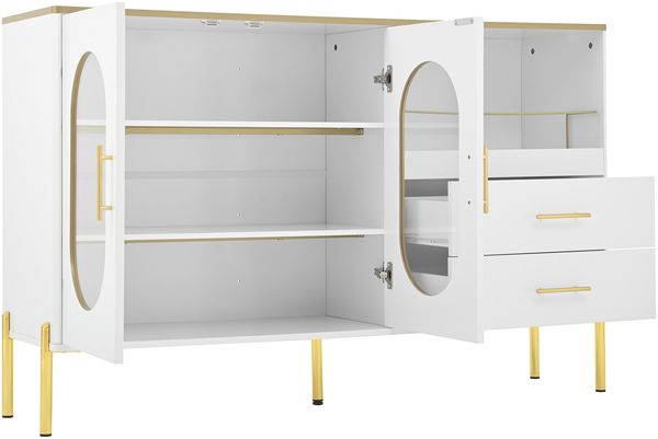 Merax Sideboard-Schrank mit 2 Schubladen & 2 Glastüren – Moderne Kommode in Weiß mit Goldakzenten – Viel Stauraum, Weiß Bild 9