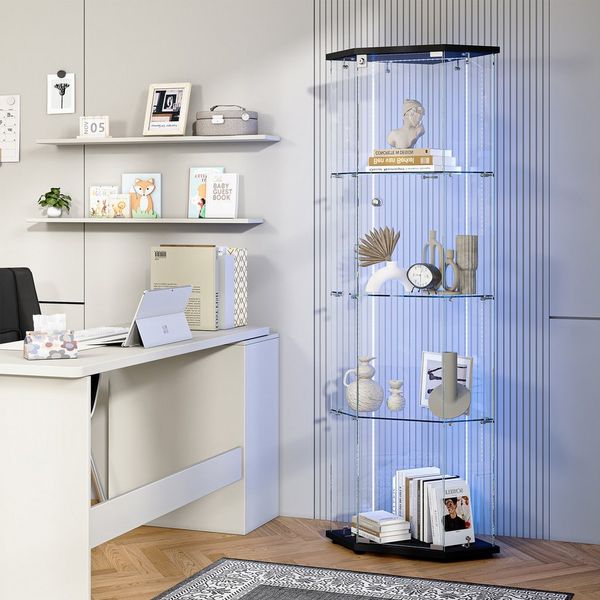 FUROKOY Glasvitrine Fünfeckige Standvitrinen (Schwarz 5 Lagen Sammlervitrine) Vitrinenschrank mit 1 Glastür für Sammler, Bücher, 162x60x42.5cm