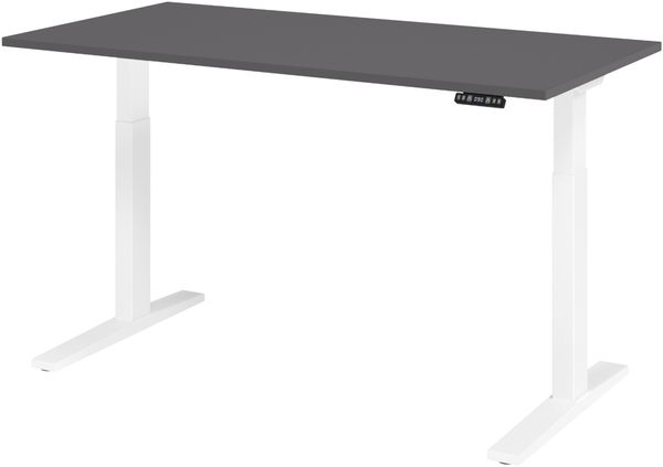 bümö elektrisch höhenverstellbarer Schreibtisch 160x80 cm in graphit, Gestell weiß - Sitz & Stehschreibtisch mit Memoryfunktion, elektrischer Stehtisch & Gaming Tisch, XMKA-Serie, XMKA16-G-W