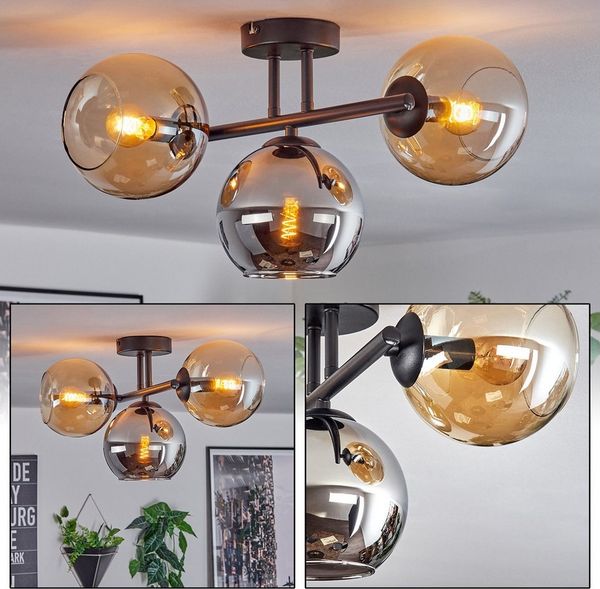 hofstein Deckenleuchte 3-flammige Deckenlampe aus Metall/Glas Schwarz/Chrom/Rauch/Bernstein, ohne Leuchtmittel, Leuchte im Retro/Vintage-Design (Schirme Ø 15 cm), E14, Wohnzimmer