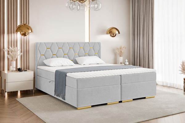 MEBLINI Boxspringbett mit Bettkasten - 200x200 - H3/Hellgrau Samt - Versal - Gepolstert Doppelbett mit Matratze und Topper - Polsterbett mit Stauraum - Bett mit Kopfteil - Stauraumbett