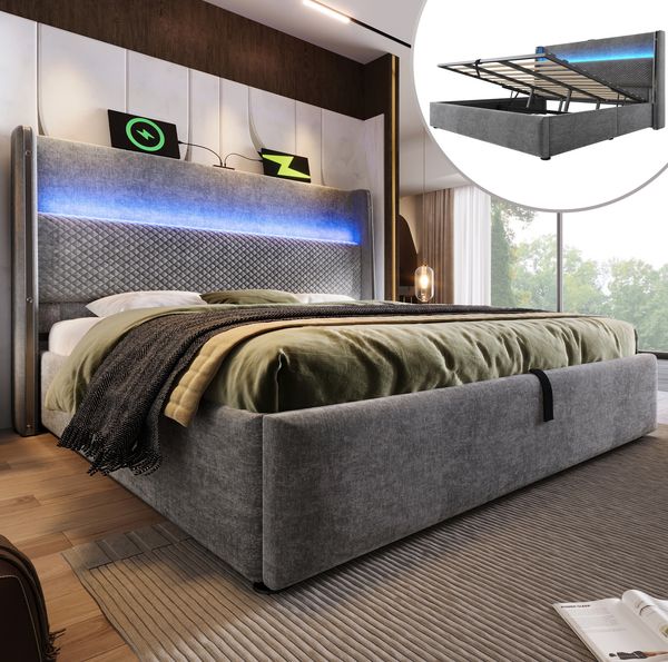 Hydraulisches Bett 180x200 cm mit hohem Kopfteil – LED-Beleuchtung in Grau