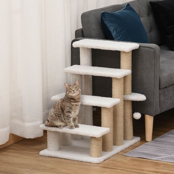 Haustiertreppe 60x40x64 cm in Weiß mit Kratzbaum und Plüschbezug