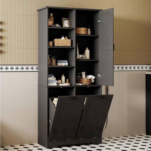 Flieks Badkommode Hochschrank mit doppelter Wäschekorb, 7 Fächern (B78/T35/H172,7 cm, 1 St, mit verstellbaren Einlegeböden und 2 Klappen), Badezimmerschrank feuchtigkeitsbeständiger Holzschrank aus MDF Schwarz