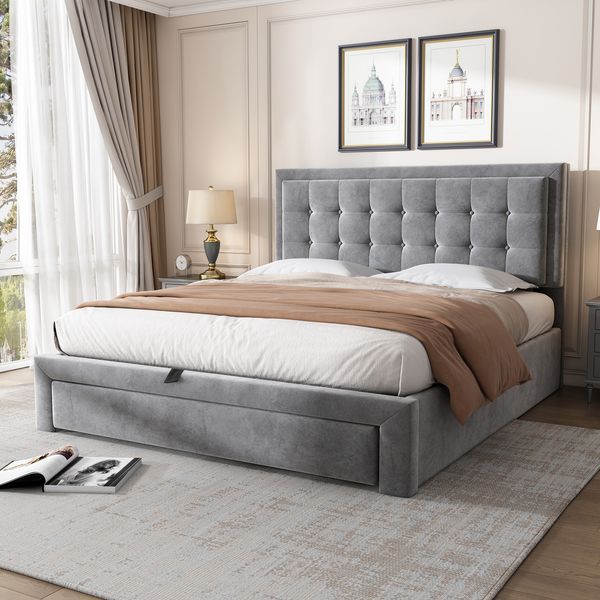 Polsterbett 140×200 cm aus Samt-Stoff mit Stauraum und Lattenrost, grau