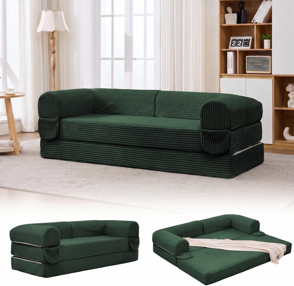 LVHOM Modulares Sofa 2 Sitzer, Schlafsofa mit Seitentaschen, Klappsofa mit Schlaffunktion, kein Aufbau erforderlich, Cord, Grün