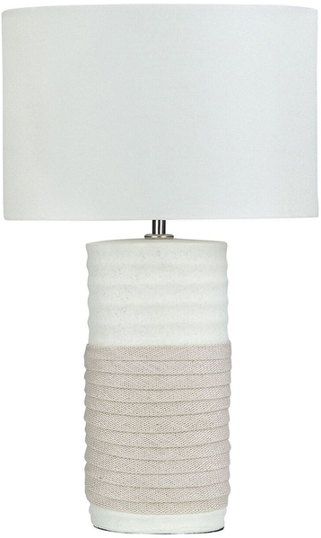 'Navia' Tischlampe Beige Porzellanfuß Stoffschirm Weiß langes Kabel mit Schalter Moderner Look