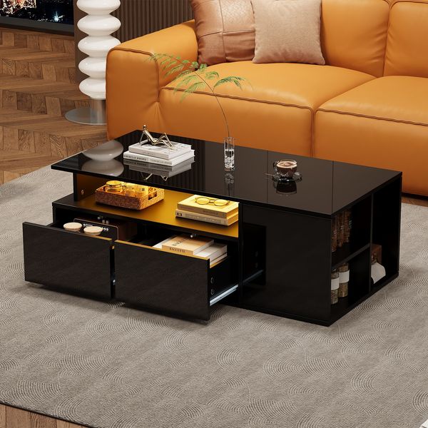 Teetisch mit LED, Wohnzimmer Couchtisch, Sofatisch mit 2 Schubladen, Kaffeetisch mit Gesamttragfähigkeit von 60kg, Schwarzer Wohnzimmertisch mit viel Stauraum, Schwarz, 100x50x35cm