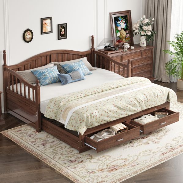 Bett 90x190 cm aus Massivholz mit Ausziehfunktion und Stauraum – Nussbaum
