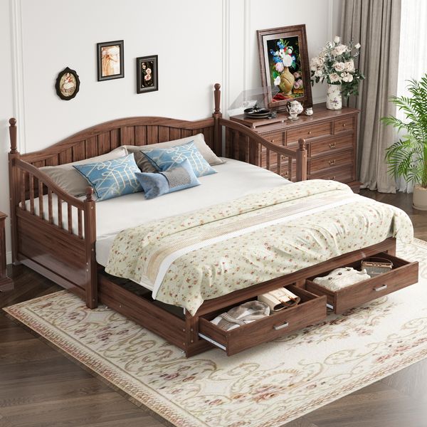 Bett 90x190 cm aus Massivholz mit Ausziehfunktion und Stauraum – Nussbaum
