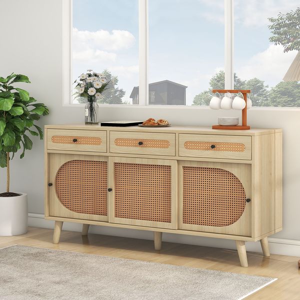 Sideboard Holzoptik mit 3 Türen, 3 Schubladen, verstellbaren Regalböden, PE-Rattantüren, Massivholz-Tischbeine