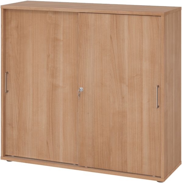 bümö Schiebetürenschrank 3OH - Aktenschrank abschließbar, Sideboard Schrank mit Schiebetüren in Nussbaum, Bügelgriff - Büroschrank aus Holz mit Schiebetür, Büro Kommode für Ordner & Co, 1753S-N-N-BS
