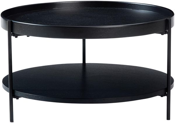 Modern 2-Tier Round Coffee Table, Nordic Style MDF with Real Wood Veneer Tray Center Table, Sturdy Metal Frame Coffee Table for Living Room (Black)