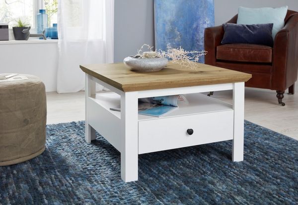 INOSIGN Couchtisch Ulm, Wohnzimmertisch in Weiß/Eiche mit abgeschrägtem Oberboden - 70/70 cm