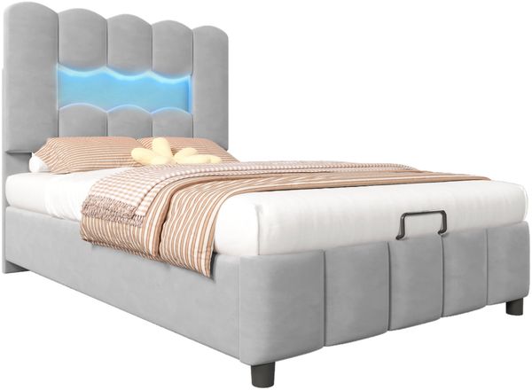 Polsterbett 90x200 cm mit LED-Beleuchtung und hydraulischem Bettkasten,Veloursbett mit verstellbarem Kopfteil, Stauraumbett in Grau Bild 7