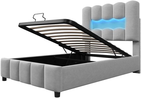 Polsterbett 90x200cm mit LED-Beleuchtung und hydraulischem Bettkasten,Veloursbett mit verstellbarem Kopfteil, Stauraumbett in Grau Bild 9