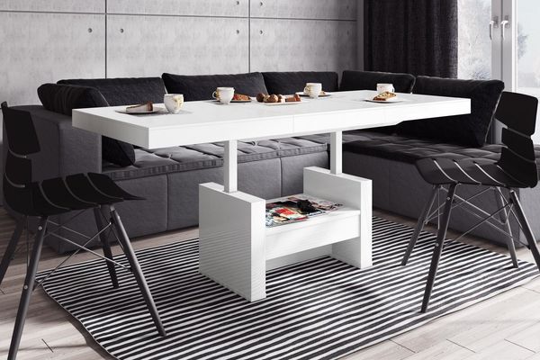 designimpex Couchtisch HLU-111 Weiß MATT / HOCHGLANZ Schublade höhenverstellbar ausziehbar, Funktionstisch, Wohnzimmertisch, Tisch, Esstisch, Sofatisch, Schublade
