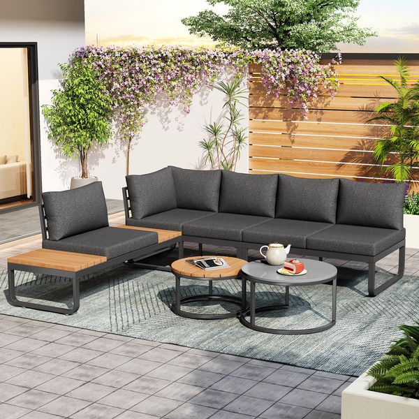 Gartenmöbel-Set (4-5 Sitzplätze), 2 stapelbare Couchtische, verzinkter Eisenrahmen, bequeme Gartenmöbel, graue Sitzpolster und Kissen inklusive, mit verstellbaren Beinen