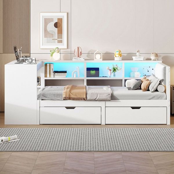STILVORA Stauraumbett 90×200 mit Tisch,Schlafsofa mit matratze Kinderbett mit Schubladen&USB (Holz-Plattformbett mit LED-Beleuchtung, Schubladen, Ladestation und gepolstertem Kopfteil – Viel Stauraum und modernes Design, 90x200), mit Ablageflächen, Sch...