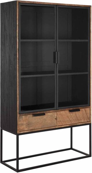 Vitrine Cosmo aus Teakholz, Industrial Design mit Metall, natur schwarz, 2 Schubladen, montiert