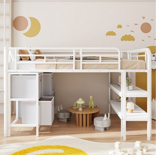 Flieks Hochbett Kinderbett Metallbett 90x200cm mit breiter Treppe, Schubladen, Regalen