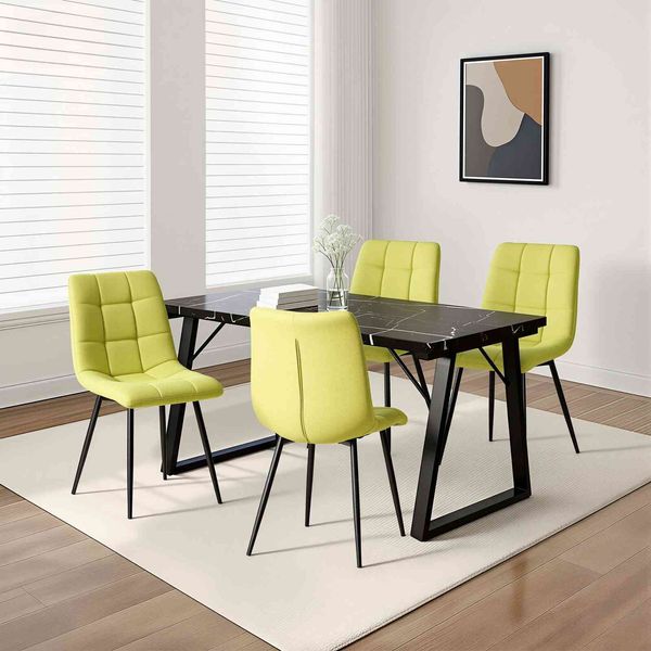 HOMAVO 5-Teiliges Esszimmerstühle, Metall & MDF Esstisch (Schwarz 140×75x80 cm) mit 4 Stühlen (Grün Webstoff)