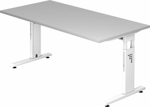 bümö höhenverstellbarer Schreibtisch O-Serie 160x80 cm in grau, Gestell in weiß - PC Tisch für's Büro manuell höhenverstellbar, Computertisch verstellbar, OS-16-5-W