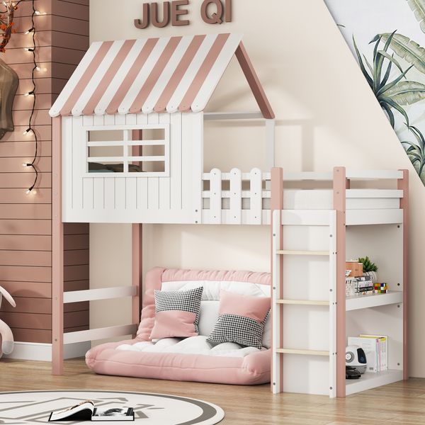Hausbett 90x200 cm mit Dach und Sicherheitsgitter – Massivholz Kinderbett,Weiß & Rosa, Lattenrost 25 Leisten