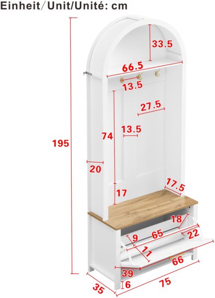 Merax Multifunktionaler Garderobenschrank mit Schuhregal, Ablage & Haken – Hall Tree für Eingangsbereich, langlebiger MDF Korpus, stabile Eisenfüße, Weiß Bild 4