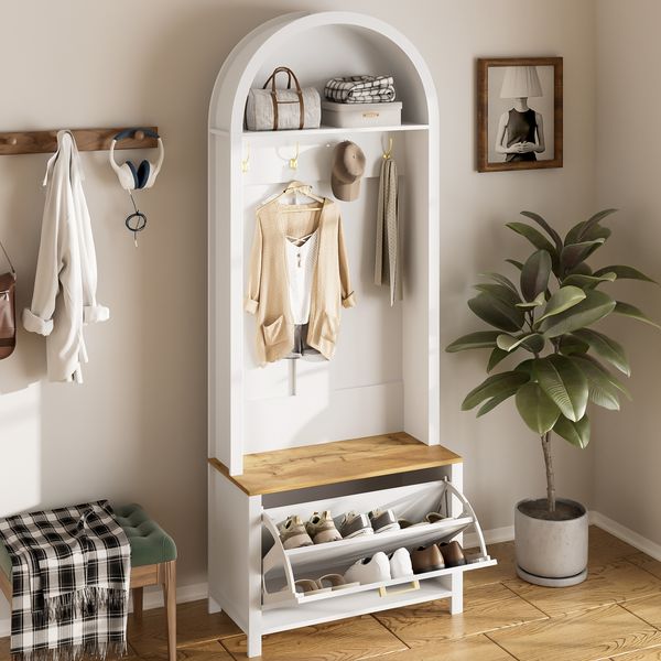 Merax Multifunktionaler Garderobenschrank mit Schuhregal, Ablage & Haken – Hall Tree für Eingangsbereich, langlebiger MDF Korpus, stabile Eisenfüße, Weiß