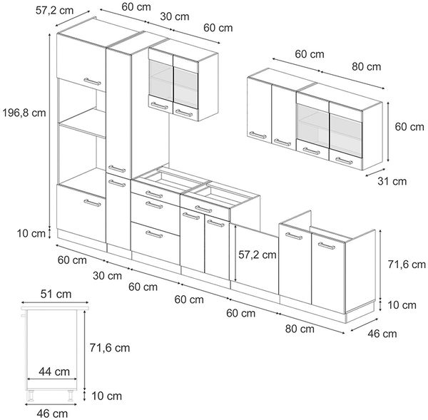 Küchenzeile R-Line Blau-Grau/Weiß 350 cm mit Hochschrank, AP Marmor Vicco Bild 2