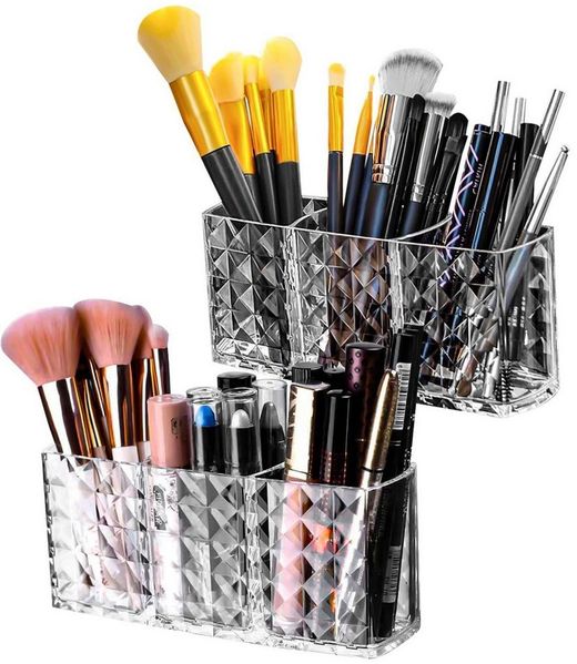 SURFOU Organizer Schminktisch Organizer Make Up Pinselhalter Kosmetik Aufbewahrung (Make-up Organizer, Kosmetikpinselhalter, Kristall Acryl Aufbewahrung, 2 St, 3 Fächern Make-uppinsel-Aufbewahrungsbox), für Büros, Badezimmer, Küchen, Schlafzimmer