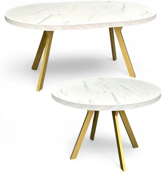 Marmor-Esstisch Rund Ausziehbar Ø110/210 cm mit Goldenen Metallbeinen + Einlegeplatten
