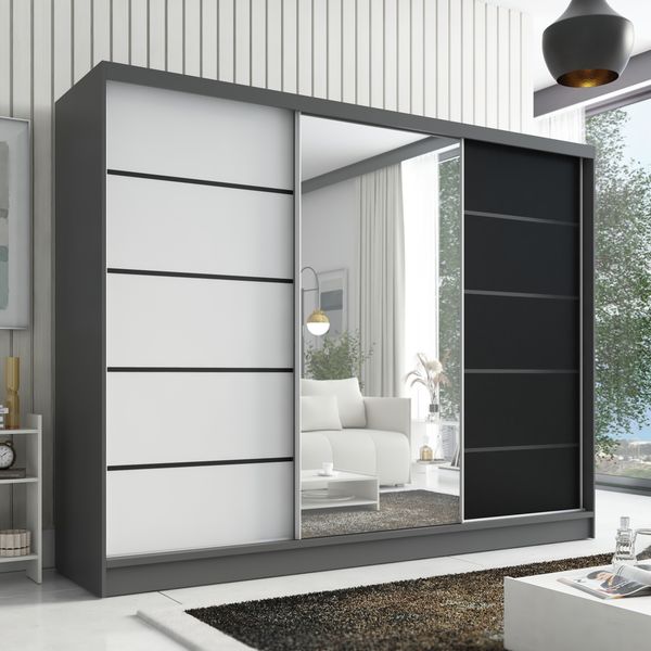 Schwebetürenschrank ARIVA 2 3-türig Schrank 200 cm (mit Spiegel) Farbe: Schwarz , Weiß