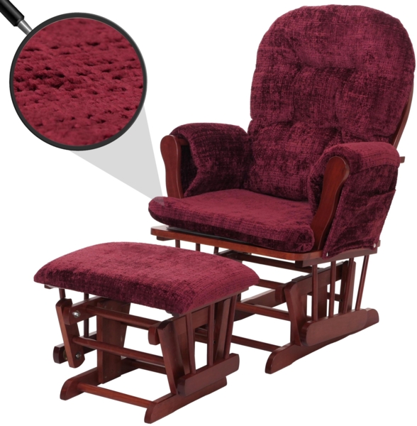 Relaxsessel HWC-C76, Schaukelstuhl Schwingstuhl mit Hocker Stoff Chenille (465g/m²) Öko-Tex ~ bordeaux, Gestell dunkel