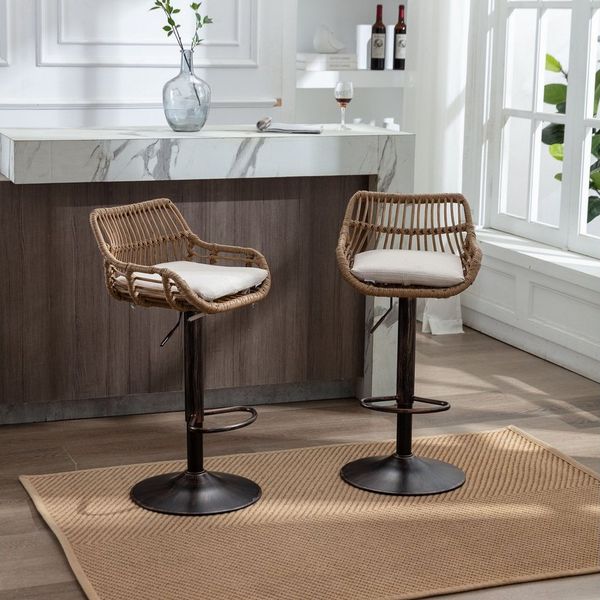 BlingBin Barhocker 2er Set Barstuhl Tresenhocker Bistrohocker mit Rattan Design (2pcs, 2 St, 2er Set), mit Sitzkissen und Fußstütze für Bar, Theke und Küche