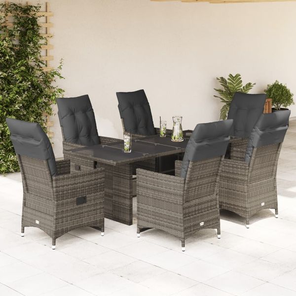 vidaXL 7-tlg. Garten-Bistro-Set mit Kissen Grau Poly Rattan 3276899