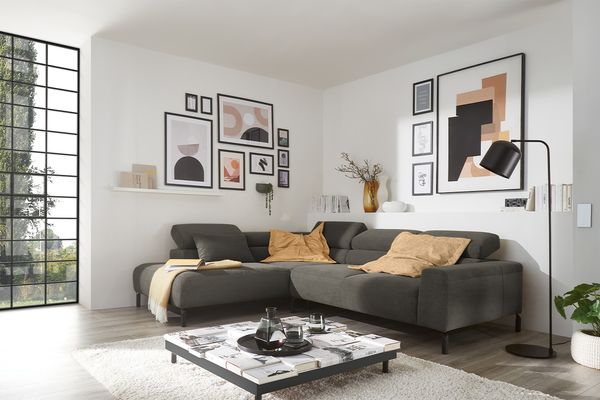 KAWOLA Sofa DELIA Ecksofa Feincord anthrazit mit motorischem Sitzvorzug Recamiere links 74 x 219 x 276 cm