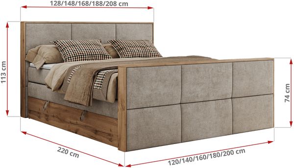 Doppelbett, Boxspringbett mit zwei Multipocket-Matratzen und ein Topper, Bettkästen, Eiche Wotan Holzrahmen, genähtes Kopfteil und Front - ALBERO 2 KING DUO - 120 x 200 cm - Beige Stoff - H3 Bild 6