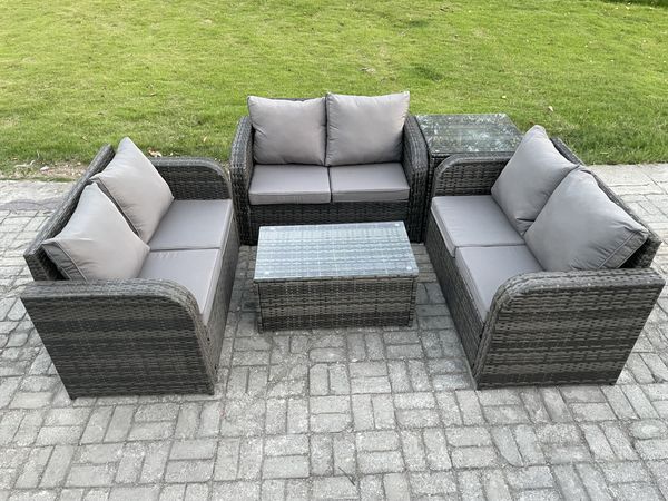 Fimous Gartenmöbel-Sets 6-Sitzer Polyrattan Möbel Sofa Sets mit Rechteckiger Couchtisch Love Sofa Beistelltisch Dunkelgrau Gemischt